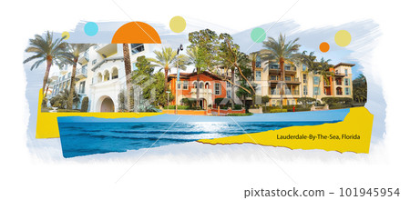 Lauderdale-By-The-Sea, Florida, USA - Collage about beach in Florida. Tropical beach with palms at USA. 101945954