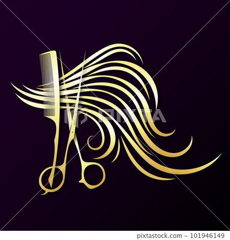 Gold scissors and hair stylist comb with curls Gold scissors and hair stylist comb with curls 101946149