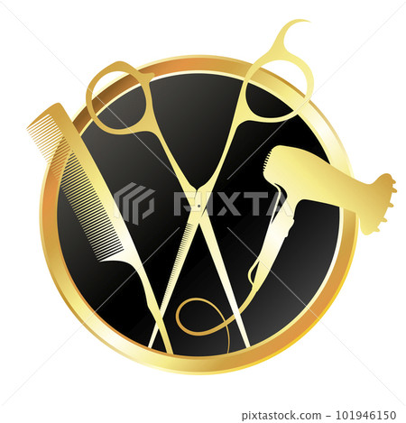 Gold scissors comb and hair dryer, round shield with gold edge Gold scissors comb and hair dryer, round shield with gold edge 101946150