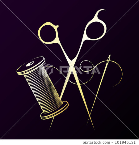 Gold scissors reel and needle and thread. Design for sewing Gold scissors reel and needle and thread. Design for sewing 101946151