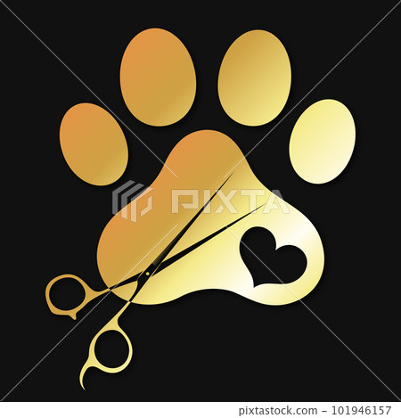 Golden animal paw footprint and scissors groomer symbol Golden animal paw footprint and scissors groomer symbol 101946157