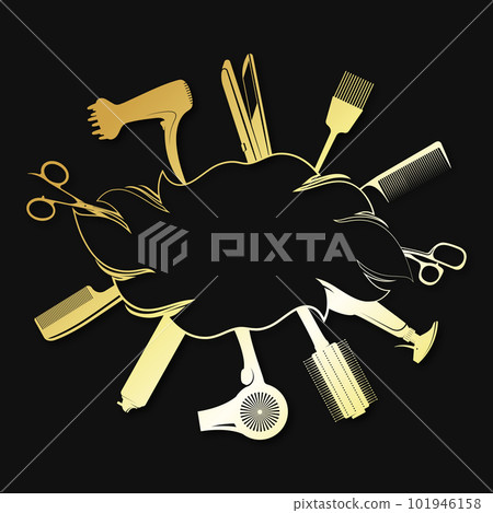 Golden banner with hair stylist and beauty salon tool Golden banner with hair stylist and beauty salon tool 101946158