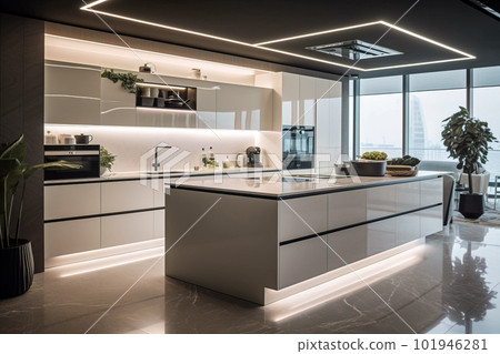 interior of luxury modern kitchen and dining room with black and white furniture. Generative AI interior of luxury modern kitchen and dining room with black and white furniture. Generative AI 101946281
