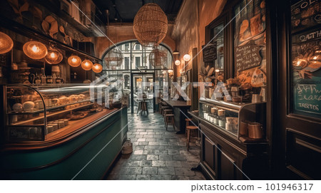 interior of traditional european coffee. Generative AI interior of traditional european coffee. Generative AI 101946317