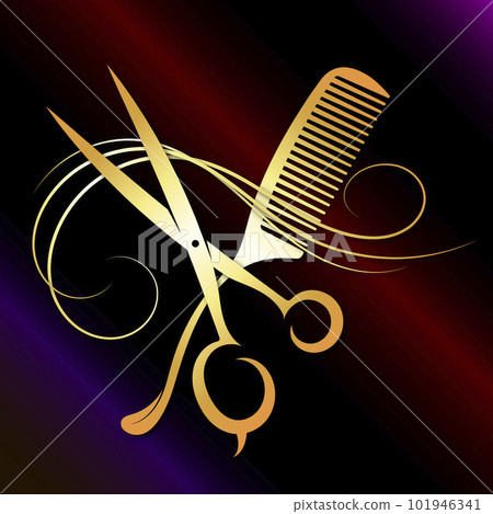 Golden comb scissors stylist and a beautiful curl of hair Golden comb scissors stylist and a beautiful curl of hair 101946341