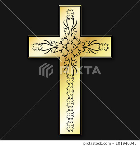 Golden cross with a pattern on a black background Golden cross with a pattern on a black background 101946343