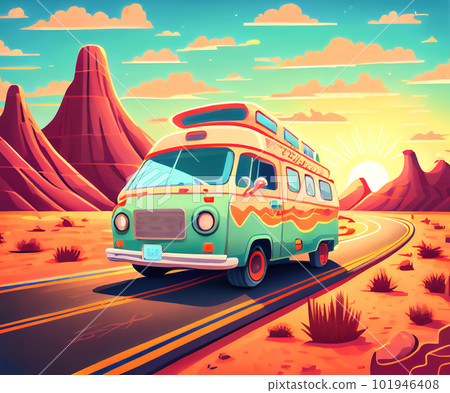 hipster tourist bus in the desert illustration. Generative AI hipster tourist bus in the desert illustration. Generative AI 101946408