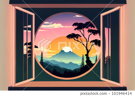 view of the sunrise over the mountains from the window illustration. Generative AI 101946414