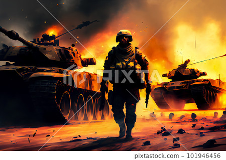 soldiers on the battlefield tanks explosions fire. Generative AI 101946456