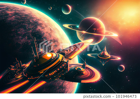 futuristic planet background and spaceships 3d illustration. Generative AI 101946473