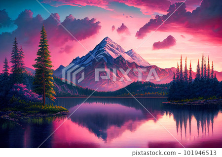 illustration pink sunset over mountains lake. Generative AI 101946513