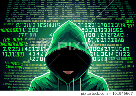 hooded hacker against green background with computer code. Generative AI hooded hacker against green background with computer code. Generative AI 101946607