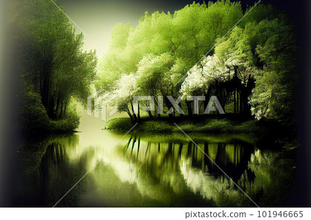 said green landscape river and trees. Generative AI said green landscape river and trees. Generative AI 101946665
