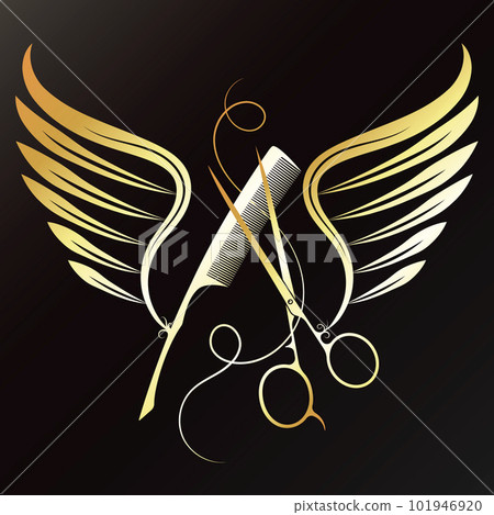 Golden scissors and comb with wings 101946920