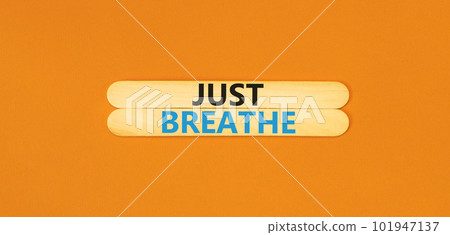 Just breathe and psychological symbol. Concept words Just breathe on beautiful wooden stick. Beautiful orange table orange background. Business psychological and Just breathe concept. Copy space Just breathe and psychological symbol. Concept words Just breathe on beautiful wooden stick. Beautiful orange table orange background. Business psychological and Just breathe concept. Copy space 101947137