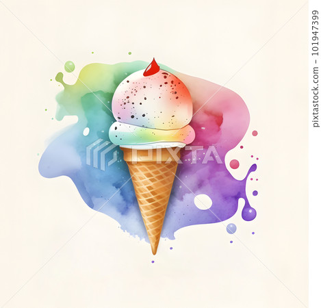 Ice cream waffle cone logo watercolor illustration Ice cream waffle cone logo watercolor illustration 101947399