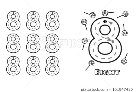 Number Eight trace practice worksheet for prek kids and toddlers. Handwriting preschool kindergarten tracing vector illustration 101947450