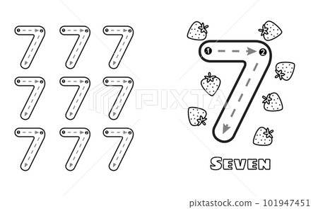 Number Seven trace practice worksheet for prek kids and toddlers. Handwriting preschool kindergarten tracing vector illustration 101947451
