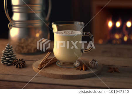 Winter eggnog in glass mug with milk and cinnamon. Illustration AI Generative 101947540