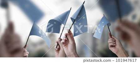 A group of people holding small flags of the Federated States Micronesia in their hands 101947617