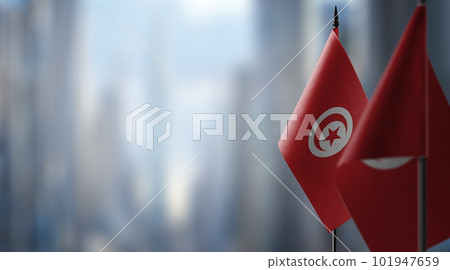 Small flags of the Tunisia on an abstract blurry background 101947659