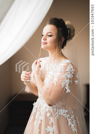 Luxury bride in white dress posing while preparing for the wedding ceremony 101947693