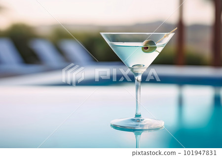 Martini cocktail tonic on poolside by pool. Generative AI illustration Martini cocktail tonic on poolside by pool. Generative AI illustration 101947831