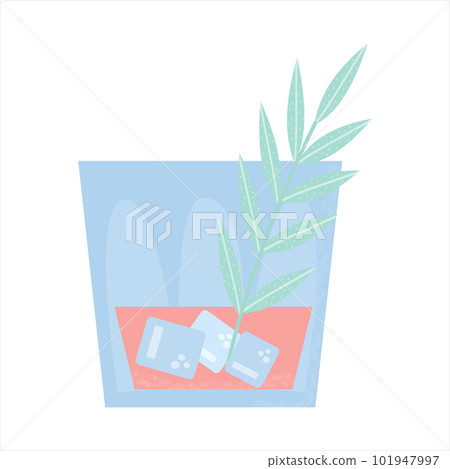 Glass with whiskey or cocktail and twig. Party, pub, restoraunt or club element. alcohol coctail with vermouth. Vector flat illustration, isolated on a white. Glass with whiskey or cocktail and twig. Party, pub, restoraunt or club element. alcohol coctail with vermouth. Vector flat illustration, isolated on a white. 101947997
