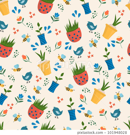 Seamless pattern with cute spring elements. Vector illustration of garden with pot, grass, plant, flowers and been. Spring time background. Seamless pattern with cute spring elements. Vector illustration of garden with pot, grass, plant, flowers and been. Spring time background. 101948028