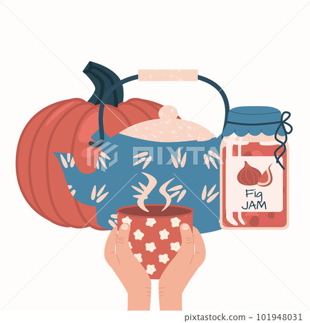 Set of Autumn food and drink flat vector elements. Pumpkin, kettle or teapot, jar with fig jam, hands with cup. Isolated on a white Set of Autumn food and drink flat vector elements. Pumpkin, kettle or teapot, jar with fig jam, hands with cup. Isolated on a white 101948031