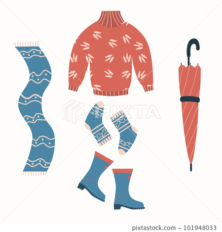 Autumn clothes set with rubber boots, umbrella, socks, sweater and scarf. Cozy vector elements. Flat illustration, isolated on white background 101948033