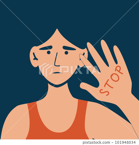 Stop domestic violence. Social issues, abuse and agression on women, harassment and bullying. Violence against woman. Flat illustration, isolated on a white background. 101948034
