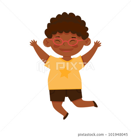 Cute little smilinng afro american boy in the glass and yellow t-shirt jumping. Cartoon vector illustration, isolated on a white 101948045