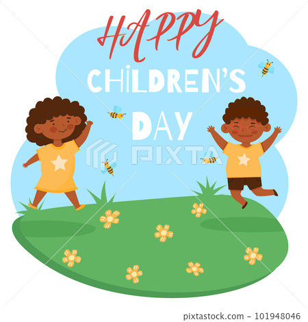Happy children's day concept. Cartoon illustration with jumping happy smiling boy and girl. Happy children's day concept. Cartoon illustration with jumping happy smiling boy and girl. 101948046