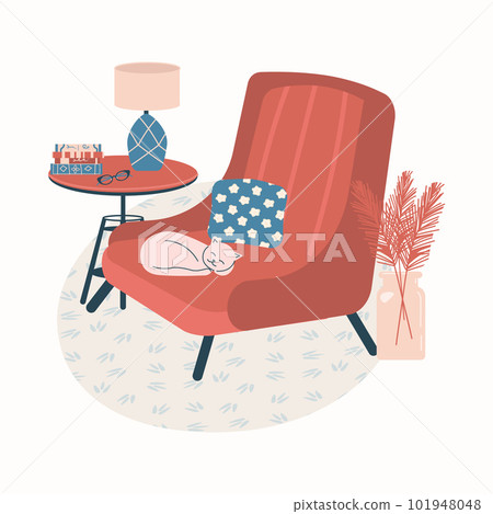 Cozy room interior - armchair, coffee table, plants in vase, lamp, cat and books. Modern comfy apartment furnished in Hygge scandinavian style. Vector illustration 101948048