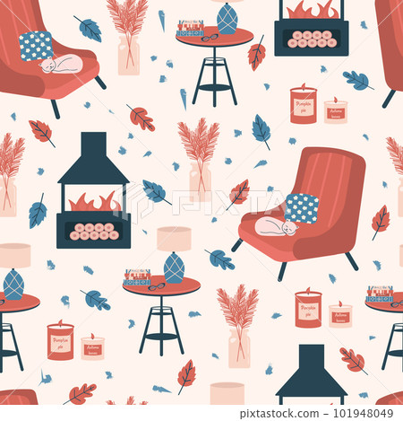 Seamless pattern with cozy room interior - armchair, coffee table, plants in vase, lamp, cat,books, fireplace. Modern comfy apartment furnished in Hygge scandinavian style. Vector cartoon illustration Seamless pattern with cozy room interior - armchair, coffee table, plants in vase, lamp, cat,books, fireplace. Modern comfy apartment furnished in Hygge scandinavian style. Vector cartoon illustration 101948049
