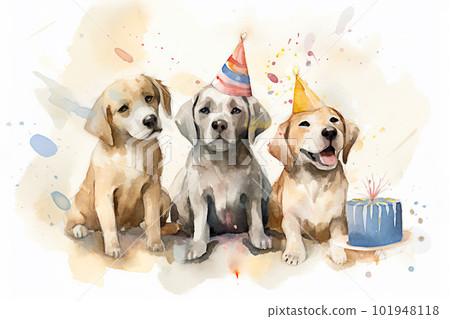 Watercolor illustration of a group of cute dogs with a birthday cake. Generative AI 101948118