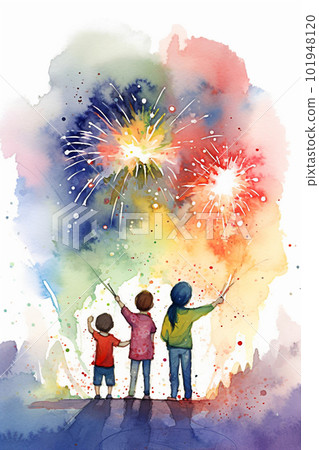 Watercolor illustration of a happy family, father, mother and son, standing in front of fireworks. Generative AI 101948120