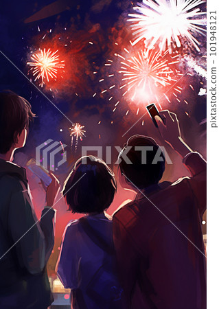 Group of happy people watching fireworks at New Year's Eve party. Generative AI 101948121