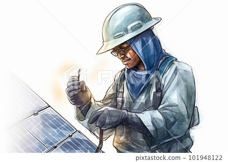 Illustration of a male worker in a protective helmet and gloves working on a solar panel. Generative AI 101948122