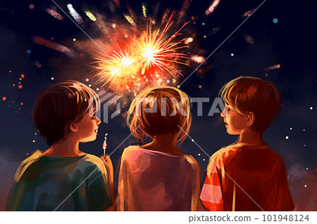 Children with sparklers and fireworks in the night sky. Illustration. Generative AI Children with sparklers and fireworks in the night sky. Illustration. Generative AI 101948124