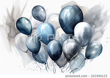 Hand drawn watercolor illustration of a bunch of blue and white balloons. Generative AI Hand drawn watercolor illustration of a bunch of blue and white balloons. Generative AI 101948125