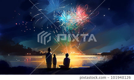 Silhouette of people looking at fireworks in the night sky. Generative AI 101948126