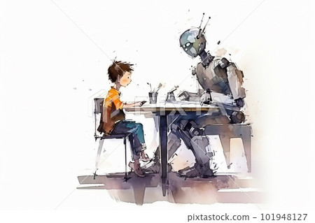 Illustration of a boy sitting at a table with a robot doing homework. Generative AI 101948127