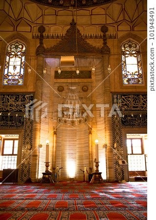 Selimiye Mosque interiors were built by Mimar Sinan in Edirne in 1575 during the Ottoman Empire. 09 August 2019 Turkey Edirne 101948491
