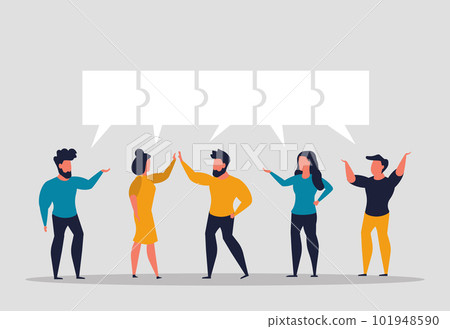 Conversation and communication of employees as one mechanism. Discussing solutions and looking for answers to questions. Business people partnership together. Vector illustration Conversation and communication of employees as one mechanism. Discussing solutions and looking for answers to questions. Business people partnership together. Vector illustration 101948590