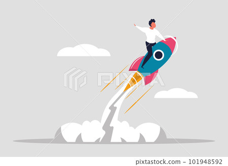 Financial rise or business rise up. A man is flying up on a rocket. Ambition as the growth of success in the company, leadership and innovation. Vector illustration Financial rise or business rise up. A man is flying up on a rocket. Ambition as the growth of success in the company, leadership and innovation. Vector illustration 101948592