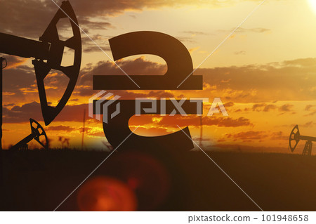 Sing ruble and oil sign against backdrop of beautiful sunset. Purchase and sale of crude oil for ruble. Sing ruble and oil sign against backdrop of beautiful sunset. Purchase and sale of crude oil for ruble. 101948658