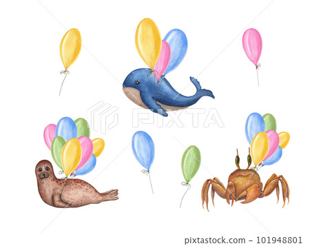 Watercolor sea set with cute whale, fur seal, crab with balloons isolated on white background. Perfect for baby textile, wallpaper, nursery decoration, card design, birthday decoration Watercolor sea set with cute whale, fur seal, crab with balloons isolated on white background. Perfect for baby textile, wallpaper, nursery decoration, card design, birthday decoration 101948801