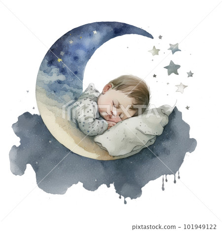 Watercolor cute sleeping baby on moon. Illustration AI Generative 101949122